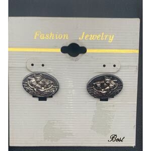 Vintage Best Brand Silver Plated Cat With Kittens Pierced Earrings Signed